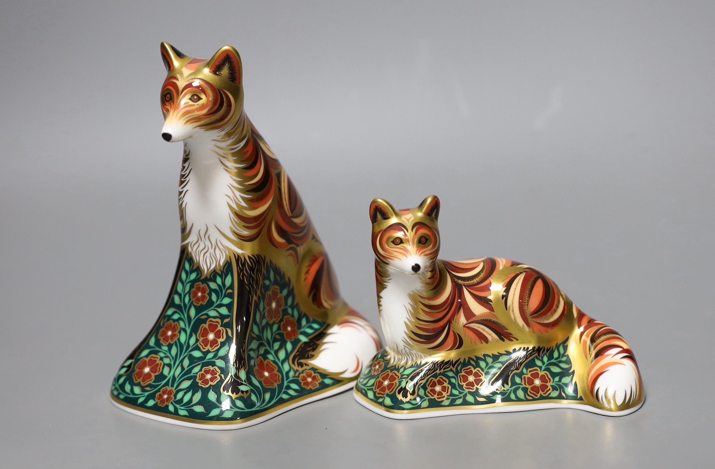Two Royal Crown Derby paperweights - Devonian Vixen, gold stopper, boxed with certificate and Devonian Fox Cub, gold stopper, boxed with certificate